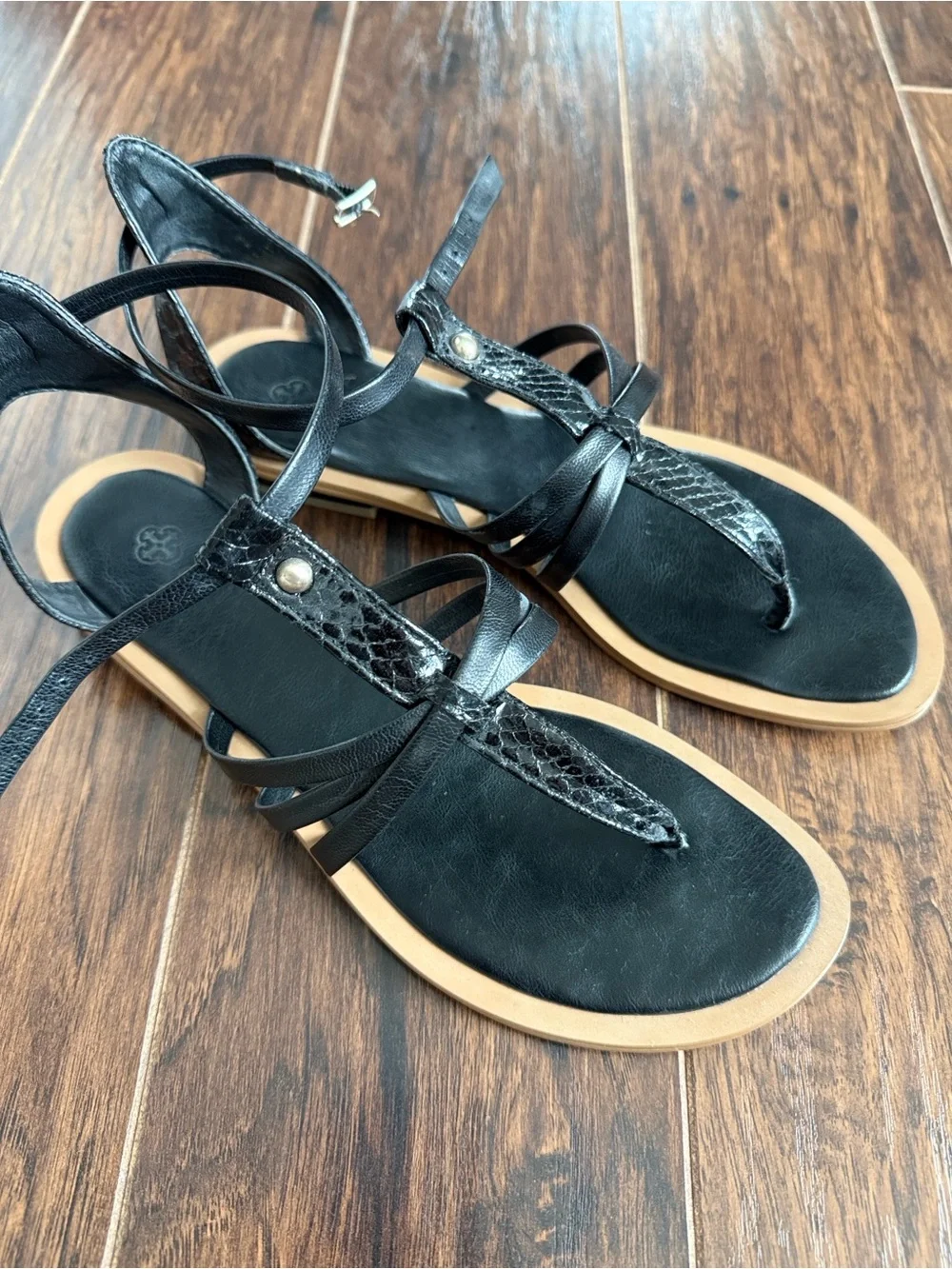 Isola Black Strappy T-Back Sandals with Ankle Wraps